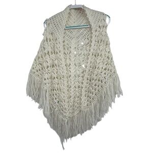 Vintage 1970s Hand Crochet Fringe Shawl Cream Boho Hippie Festival Wrap Japan